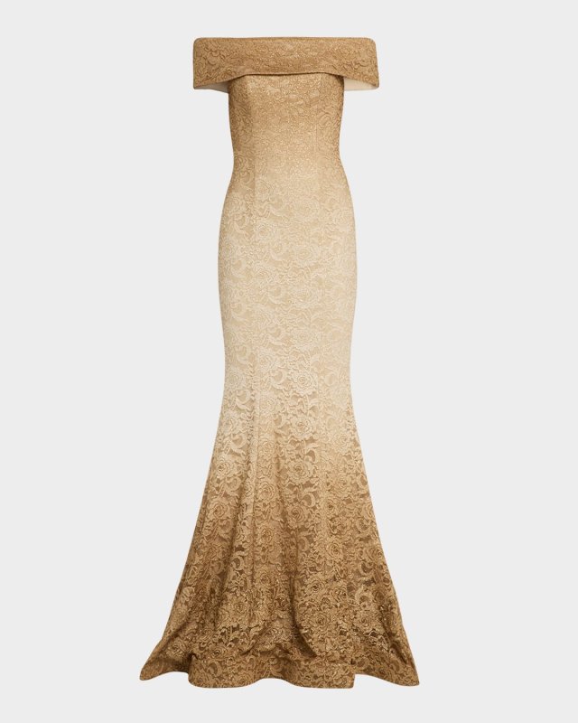 Off-Shoulder Ombre Shimmer Lace Mermaid Gown
